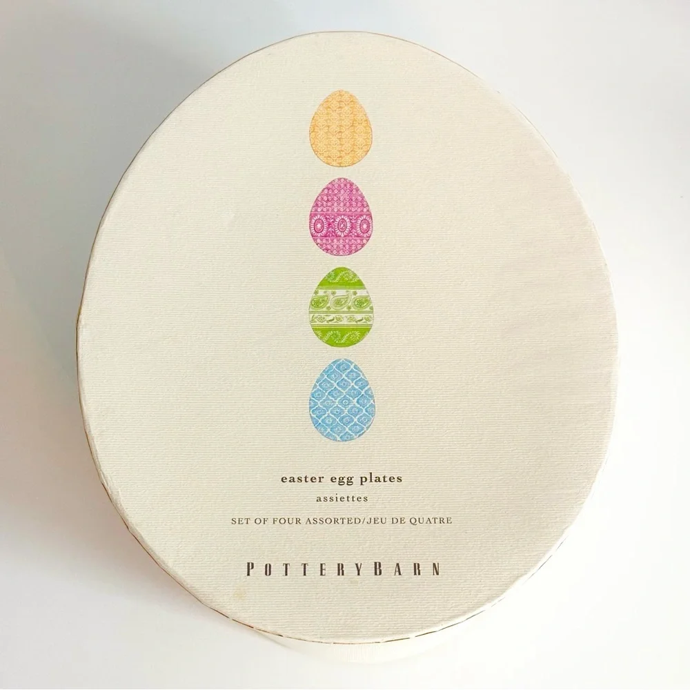 Pottery Barn Ceramic Colorful Easter Egg Shape Plate Set Pastel Yellow Pink Blue